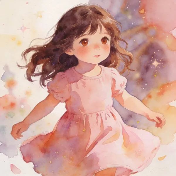 Clara's storybook avatar: a girl with long brown hair in a twirly pink dress