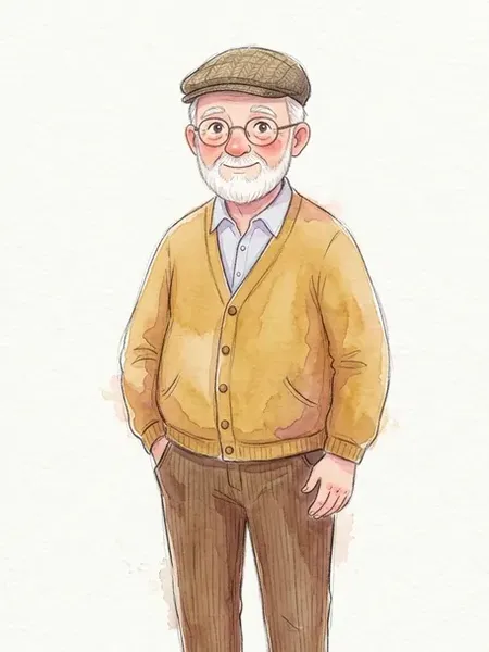 Grandad Joe's storybook avatar: a smiling grandad in a flat cap and mustard cardigan