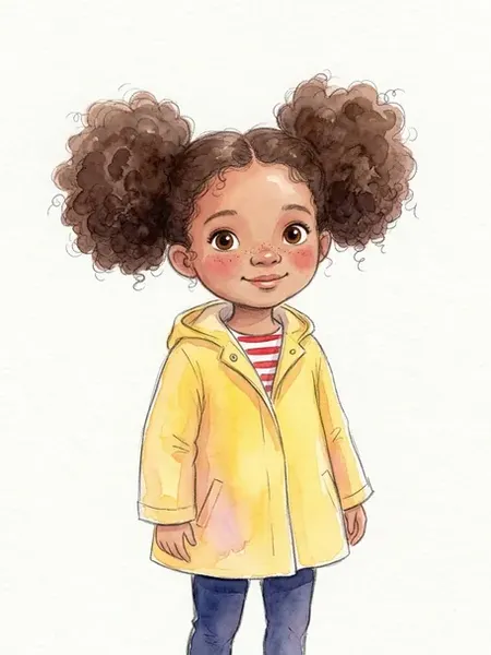 Poppy's storybook avatar: a girl with curly bunches, a yellow raincoat and green wellies