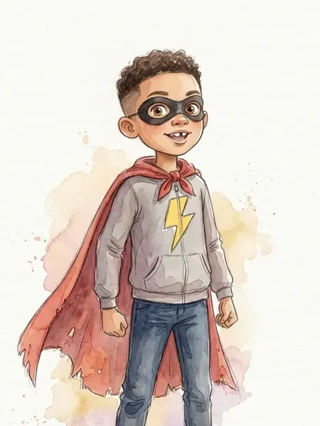 Rory's storybook avatar: a boy in a red cape, eye mask and lightning-bolt hoodie