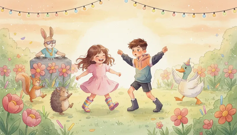 A watercolour keepsake illustration of Clara and Dexter dancing at a garden party with woodland animals