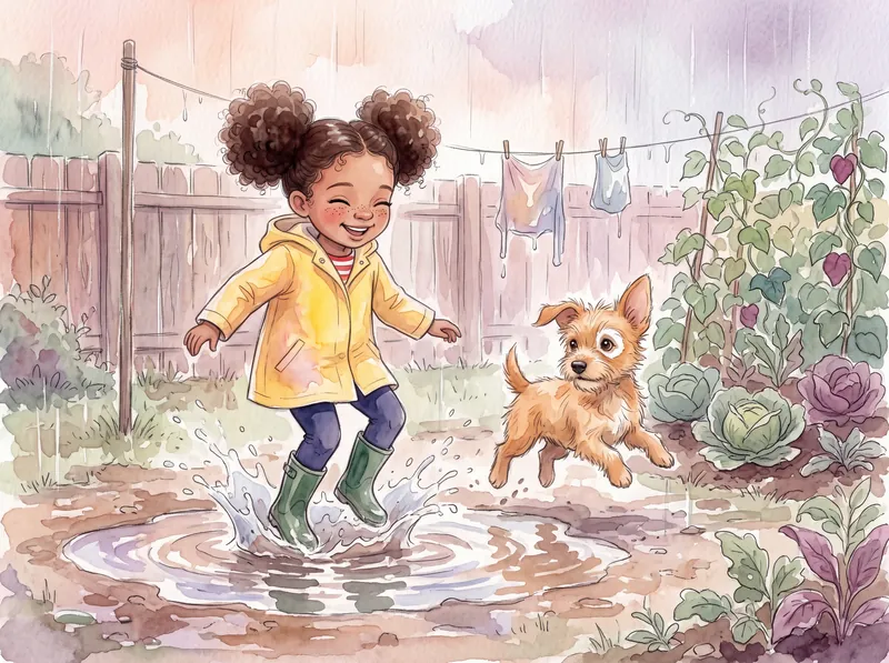 Poppy in a yellow raincoat jumping into a garden puddle with Biscuit the dog
