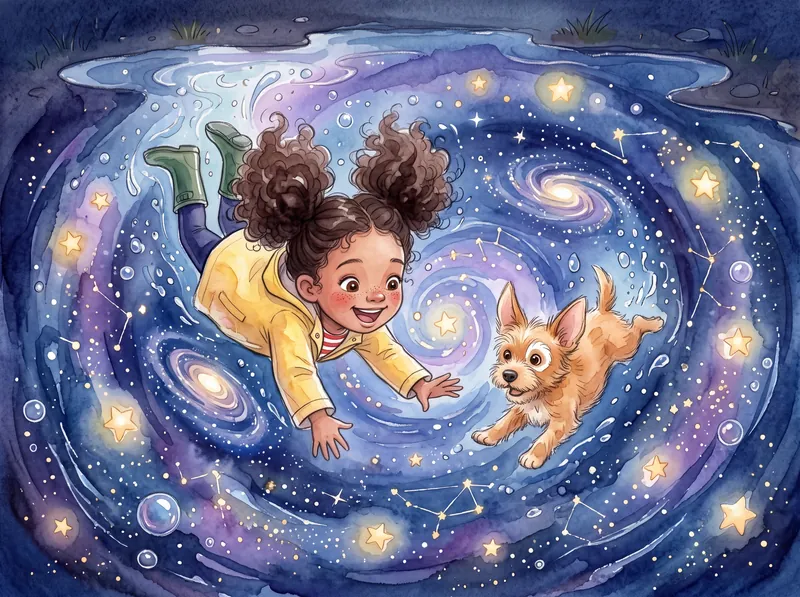 Poppy and Biscuit diving through a swirling tunnel of stars inside the puddle