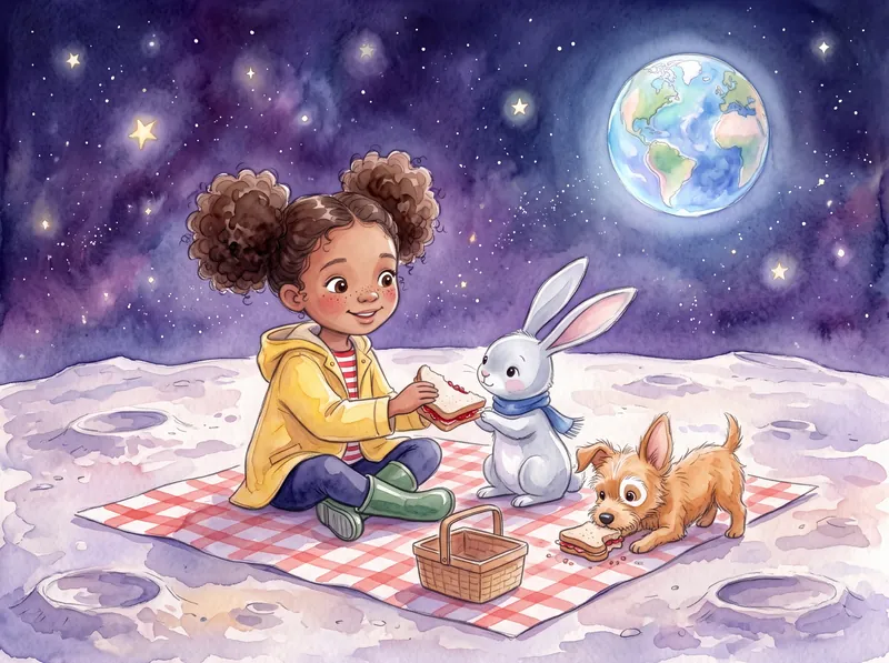 Poppy sharing a jam sandwich with a moon rabbit on a picnic blanket on the moon