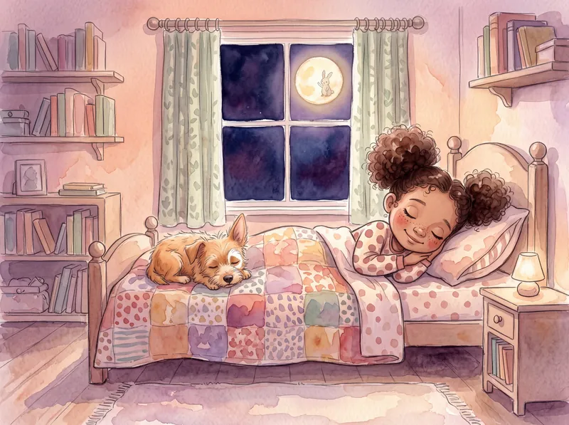 Poppy asleep in bed with Biscuit curled at her feet and the moon in the window