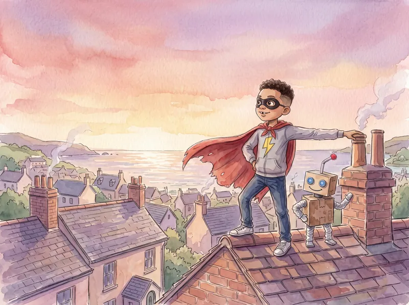 Rory and his cardboard robot Bolt on a rooftop at sunset, painted in the Watercolour style