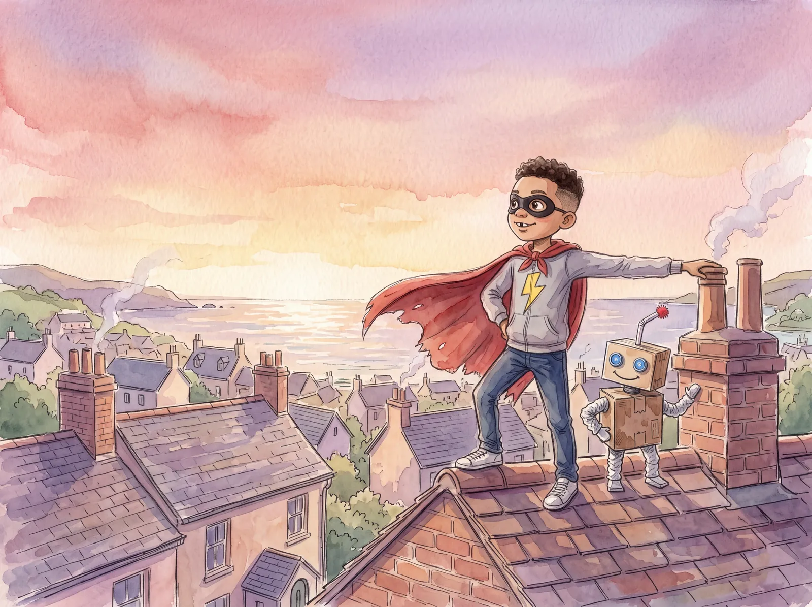Rory on a rooftop at sunset, painted in the Watercolour style